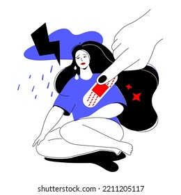 Get rid of depression - colorful flat design style illustration with linear elements. Red and blue colored composition with girl and friendly hand putting on a band-aid as problem solution. Care idea