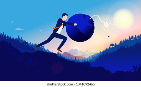 Deshazte del problema - Empresario corriendo cuesta abajo con la bomba en las manos, a punto de explotar. Crisis de carrera, pánico y concepto de emergencia empresarial. Ilustración vectorial.