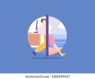 get rid of stress because of work by going on vacation. holiday time. go on vacation to relax. a worker or employee who is happy because he is going on vacation to the beach. illustration concept