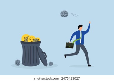 Get rid of work anxiety, happy businessman throws in trash stressed and worried.