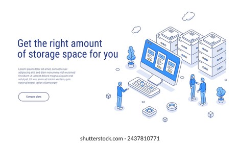 Get the right amount of storage space for you. Person chooses a plan with the right amount of storage in cloud storage. Isometric 3d vector illustration.