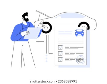 Get a roadworthiness certificate abstract concept vector illustration. Repairman passing vehicle inspection, government procedures, authorize use of car in a road traffic abstract metaphor.