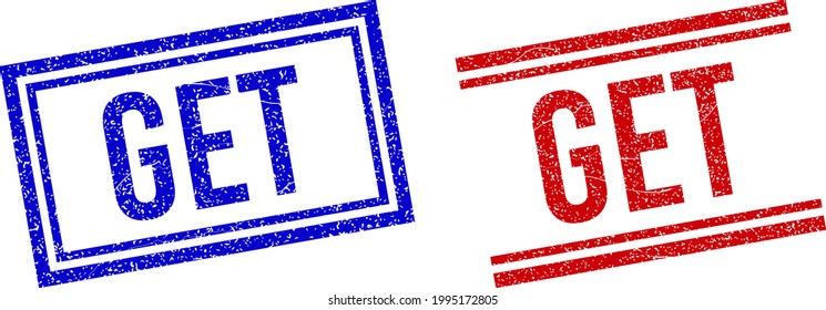 GET rubber imprints with distress style. Vectors designed with double lines, in blue and red colors. Word placed inside double rectangle frame and parallel lines.