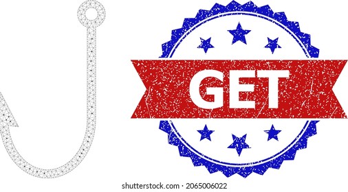 Get rubber seal, and fish hook icon network structure. Red and blue bicolored stamp seal has Get caption inside ribbon and rosette. Abstract flat mesh fish hook, built from flat mesh.