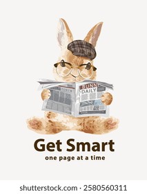 get smart slogan with cute cartoon bunny reading newspaper vector illustration