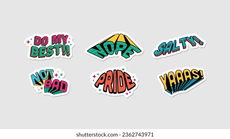 Get a Smile with These Cartoon Stickers: Trendy Flat Design Badges and Labels Featuring Cute typography Icons, All in Vector Illustration.
