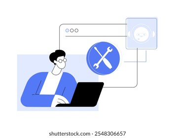 Obtenga Ilustraciones vectoriales de dibujos animados aislados de Asistencia de software. Hombre con la Asistencia al cliente de contactos de la computadora portátil en línea, tecnología de TI moderna, software profesional, proceso de solución de problemas de dibujos animados de Vector.