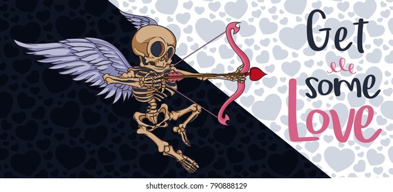 "Get some love" St. Valentine's day greeting card. Vector handcrafted illustration with cupid skeleton and hearts on background. Good for greeting carts, banners, stickers, t-shirts and posters.  