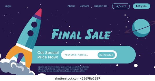 Get special price now, final sale. Promotion and offer, discount and promos. Rocket and planet in space, cosmos and universe. Website landing page template, online site vector in flat styles