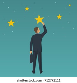 Get the star. Reach height. Businessman holds a big yellow star isolated in background night sky. Get there. Concept of reward, victory. Vector illustration flat design. Successful achievement. - Shutterstock ID 712792111