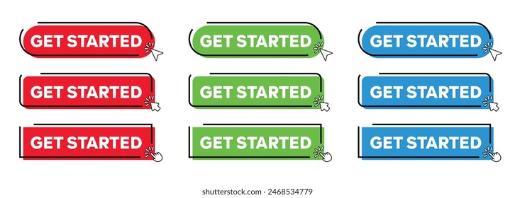 Get Started Button with Click cursor. Modern Simple web action button with click cursor or arrow pointer vector illustration set