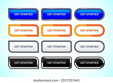 Get started button set of different shapes and colors. Suitable for mobile app, and website UI design.
