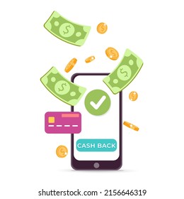 Get Started Cash Back Button. Online Shopping And Money Refund Vector Illustration. Saving Offer With Credit Card, Discount Coupon, Online Payment Concept Design. Simple 3d Style. 