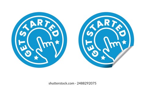 Get started circle sticker with line hand pressing start button. Vector isolated on white background