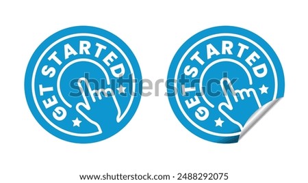 Get started circle sticker with line hand pressing start button. Vector isolated on white background