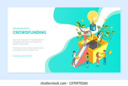 Get started with crowdfunding, man and woman holding coins, money tree with stairs 3d design, idea and strategy, plant business technology vector. Website or webpage template, landing page flat style