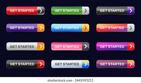 Get started icon buttons design. Colorful Get Started button pack for website, ads, UI, and project. vector