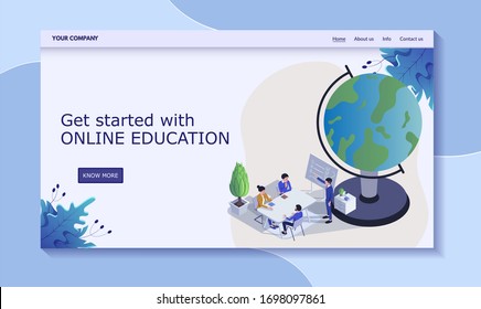 Get started online education, concept people sit table around globe, remote enlightenment vector illustration. Contact us, info, about us, home, more button. Design web banner, landing for website.