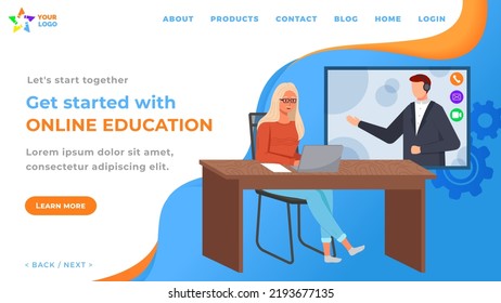 Get Started With Online Education Concept. Woman Studying Via Online Video Call Meeting. Creative Idea With Training Service. Notebook Innovation And Support. Girl Learning With Educational Courses