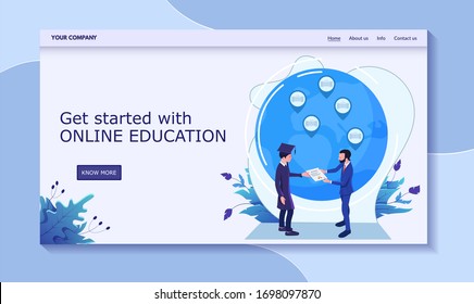 Get started online education, male receive diploma from rector, vector illustration. Contact us, info, about us, home, more button. Design web banner, landing for website, company placename.