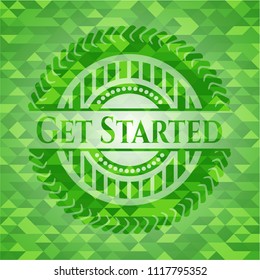 Get Started realistic green emblem. Mosaic background