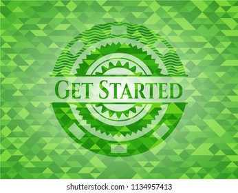 Get Started realistic green emblem. Mosaic background