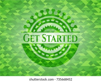 Get Started realistic green emblem. Mosaic background