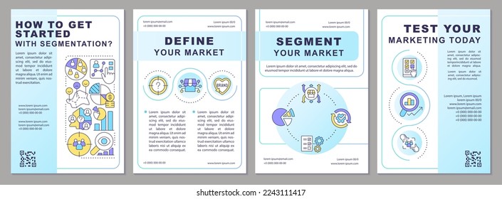 Get started with segmentation blue brochure template. Leaflet design with linear icons. Editable 4 vector layouts for presentation, annual reports. Arial-Black, Myriad Pro-Regular fonts used