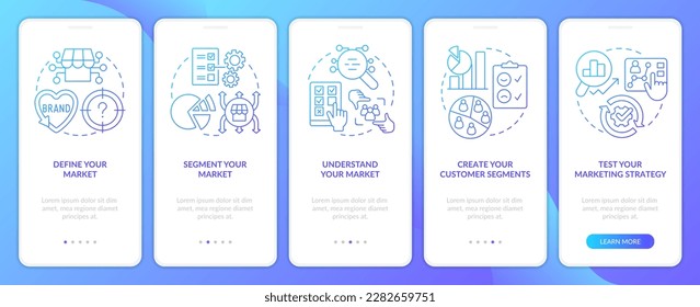 Get started with segmentation blue gradient onboarding mobile app screen. Walkthrough 5 steps graphic instructions with linear concepts. UI, UX, GUI template. Myriad Pro-Bold, Regular fonts used