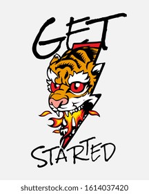 get started slogan with tiger face in thunderbolt illustration