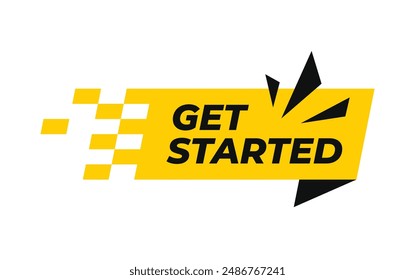 Get started text with abstract ribbon element. Speech Bubble with line hand pressing start button. Vector isolated on white background