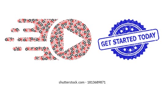 Get Started Today rubber seal print and vector fractal collage start play. Blue seal has Get Started Today text inside rosette. Vector collage is constructed of recursive rotated start play icons.
