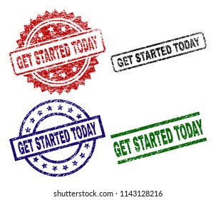 GET STARTED TODAY seal prints with corroded style. Black, green,red,blue vector rubber prints of GET STARTED TODAY title with corroded style. Rubber seals with circle, rectangle, rosette shapes.
