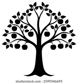 Get a stunning black and white apple tree silhouette for your projects. Perfect for logos, prints, and digital designs. High-quality and minimalistic tree artwork for various creative uses.