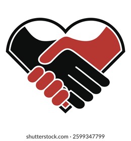 Get a stunning heart-shaped handshake logo featuring mountains and sun. Perfect for transparent backgrounds, branding, and digital designs. Ideal for businesses promoting unity and nature.