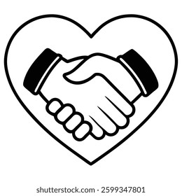 Get a stunning heart-shaped handshake logo featuring mountains and sun. Perfect for transparent backgrounds, branding, and digital designs. Ideal for businesses promoting unity and nature.