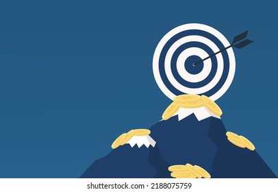 Get success. An arrow hit a target a top a mountain surrounded by coin. Business concept mission is complete. Vector illustration Eps10.