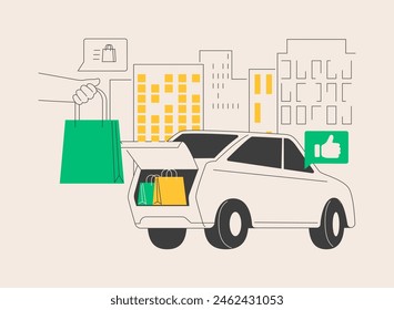 Obtenga suministros sin dejar su Ilustración vectorial de concepto abstracto del coche. Recogida en la acera, número de pedido, llamar a la tienda, recogida de comestibles sin contacto, hacer el pedido en metáfora abstracta del maletero.