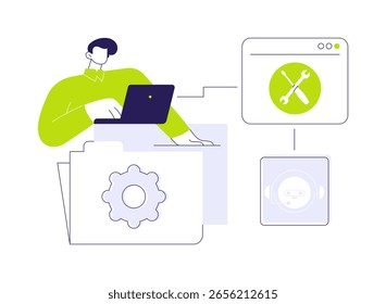 Get support abstract concept vector illustration. Man with laptop contacts customer support online, modern IT technology, professional software, troubleshooting process abstract metaphor.