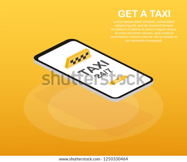 Get a taxi. Taxi banner isometric. Online\
mobile application order taxi service horizontal illustration.\
Vector stock illustration.