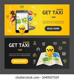 Get Taxi Car Service Banner Realistic Detailed 3d Horizontal Set. Vector illustration of Public Transport in City Banners