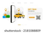 Get a taxi car in your device. Transportation of things from point A to point B. Taxi service. Vector illustration.