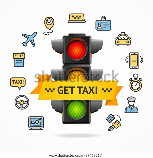 Get Taxi Concept with Traffic Lights and\
Color Outline Icons. Vector\
illustration