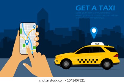 Get a taxi, mobile phone with map in hand and city in the background with taxi, taxi service concept, call a taxi.