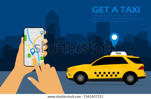 Get a taxi,\
mobile phone with map in hand and city in the background with taxi,\
taxi service concept, call a\
taxi.