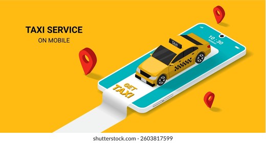 Get taxi. Taxi online service on mobile application with yellow taxicab. Concept for order taxi service. Order a taxi online. public transport. Isometric vector illustration