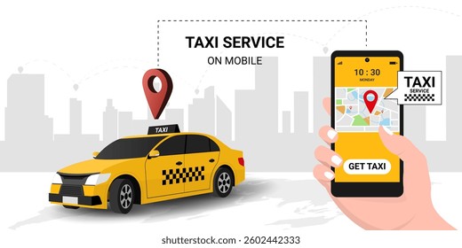 Get taxi via mobile. Taxi online service on mobile application with yellow taxicab. Call car. Concept for order taxi service. Order a taxi online. public transport. 3d vector illustration