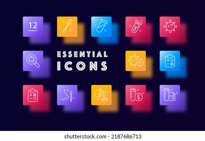 Get Tested For A Disease Set Icon. Test Tube, Swab, Virus, Covid 19, Magnifier, Clock, Document, Runny Nose, Blood, Paid Analysis, Disease History. Healthcare Concept. Glassmorphism. Vector Line Icon.