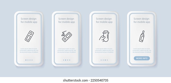 Get tested for a disease set icon. Test tube, pregnancy, covid 19, coronavirus, virus, flu, cold, laboratory analysis, blood sugar. Healthcare concept. UI phone app screens. Vector line icon