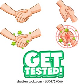 Get Tested font in cartoon style with hands holding together on white background illustration